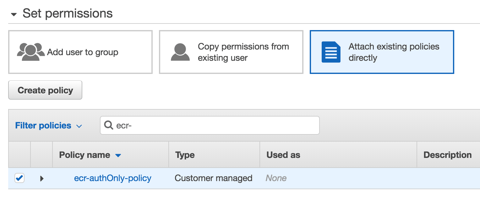 Create an AWS IAM User for ECR - Permissions