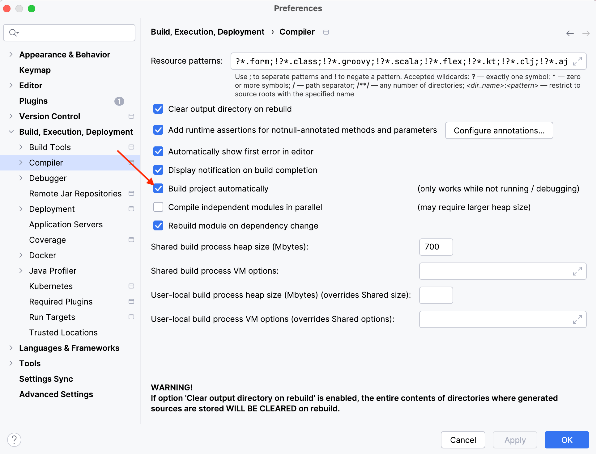 IntelliJ - Settings - Enable Build project automatically