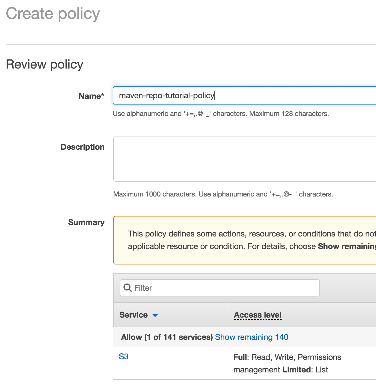 AWS IAM Policy - Name and Service