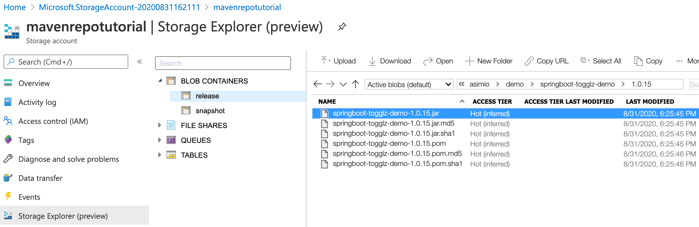 Deploying a Maven release artifact to an Azure Storage Container