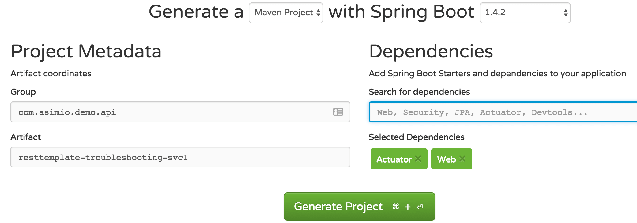 Spring Initializr - Generate Spring Boot App - Actuator, Web