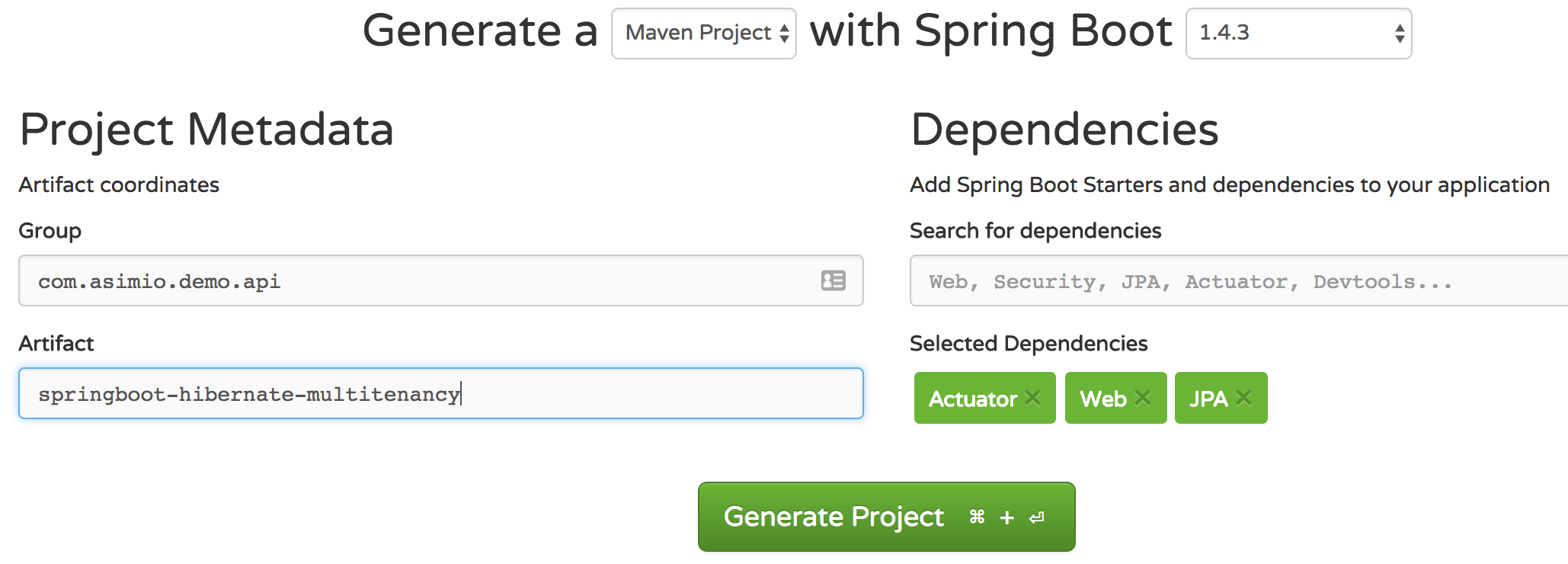 Spring Initializr - Generate Spring Boot App - Actuator, Web, JPA